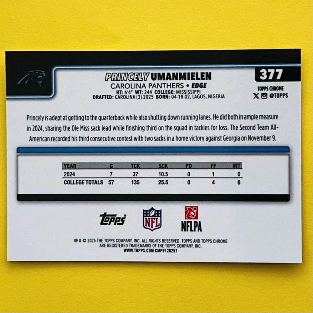 2025 Topps Chrome‎ NFL Football Princely Umanmielen RC #377 Carolina Panthers